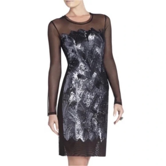 BCBGMaxazria Anaya Long Sleeve Mesh Sequin Cocktail Dress Size Medium - Picture 2 of 8